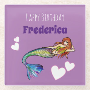 Happy Birthday Girl Rainbow Mermaid Illustration Glasuntersetzer