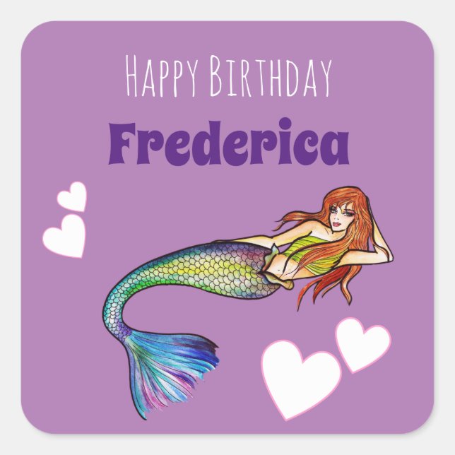Happy Birthday Girl Rainbow Mermaid Illustration Quadratischer Aufkleber (Vorderseite)