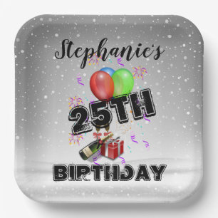 Happy Birthday Girl Silver und Balloons Pappteller