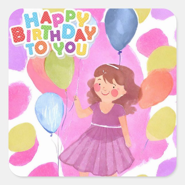 Happy Birthday Girl Square Sticker (Vorderseite)