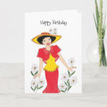 Happy Birthday Girlfriend Card Karte<br><div class="desc">Mädchen in einem hellroten und gelben Kleid und einem gelben Hut. Die Daisies sind überall um sie herum.</div>