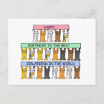 Happy Birthday Girlfriend Cartoon Cats Postkarte<br><div class="desc">Cartoon-Katzen halten pastellfarbene Banner auf,  die sagen: "Happy Birthday to the best friend in the world".</div>