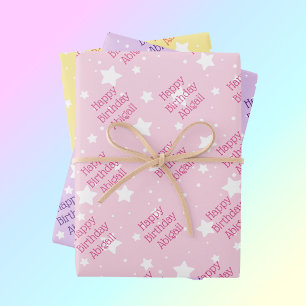 Happy Birthday Girls Name Pastel Stars 3 Geschenkpapier Set
