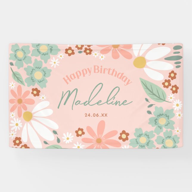 Happy Birthday Girls Niedlich Pink Daisy Banner (Horizontal)