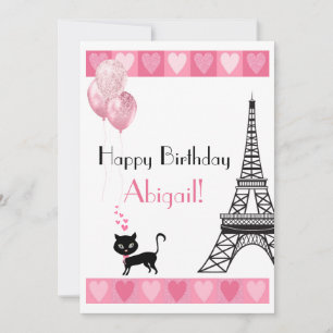 Happy Birthday Glitzer Pink Heart Eiffel Tower Cat