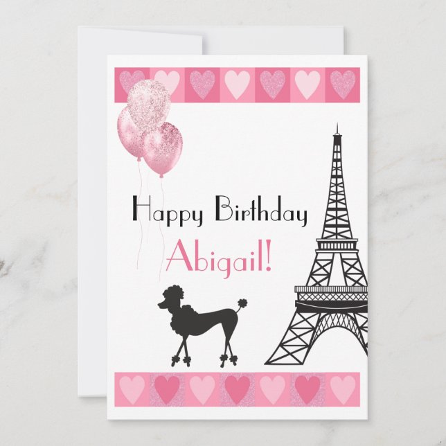 Happy Birthday Glitzer Pink Heart Eiffel Tower Dog (Vorderseite)