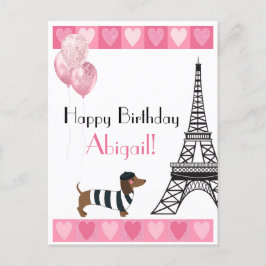 Happy Birthday Glitzer Pink Heart Eiffel Tower Dog Postkarte