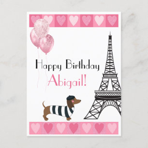 Happy Birthday Glitzer Pink Heart Eiffel Tower Dog Postkarte