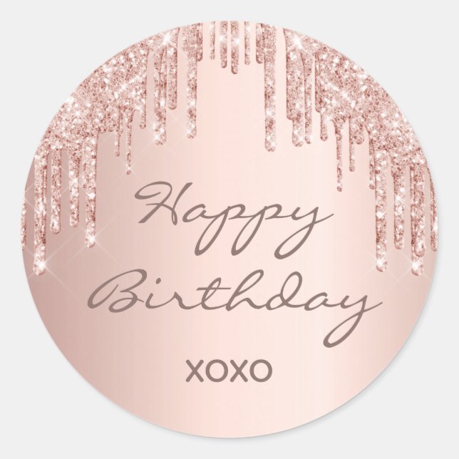 Happy Birthday Glitzer Rose Gold rosa Funkelglasur Runder Aufkleber (Vorderseite)
