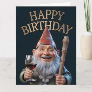 "Happy Birthday" Gnom mit Rotwein toastend Karte
