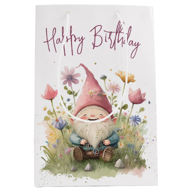 Happy Birthday Gnome in Blume Mittlere Geschenktüte (Vorderseite)
