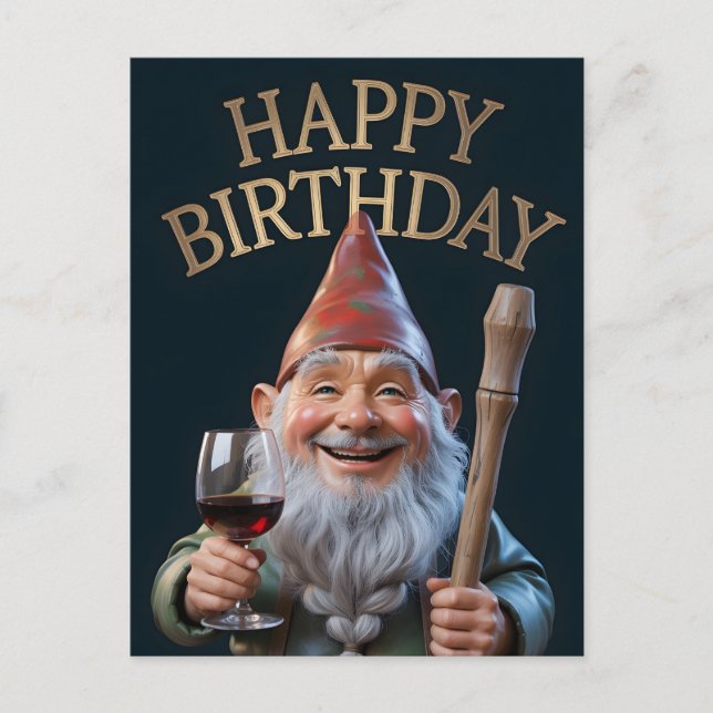 "Happy Birthday" Gnome Toasting with Red Wine Postkarte (Vorderseite)