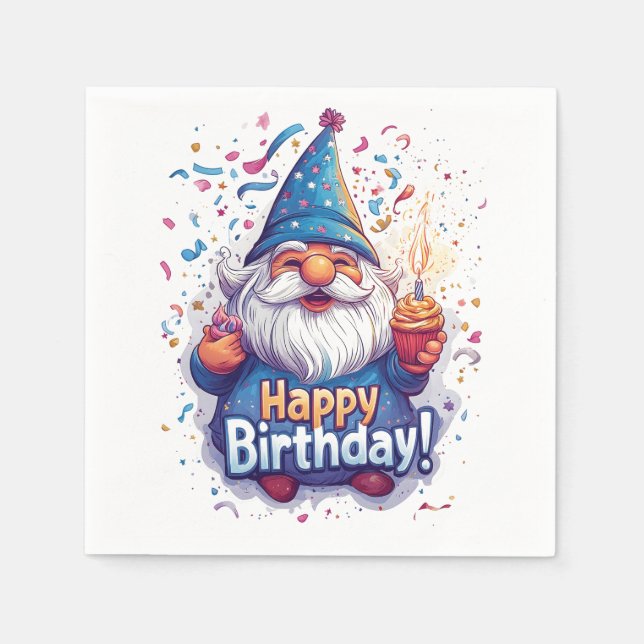 Happy Birthday Gnome: Whimsical Birthday Design Serviette (Vorderseite)