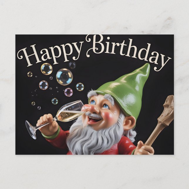 "Happy Birthday" Gnome with Champagne and Bubbles Postkarte (Vorderseite)