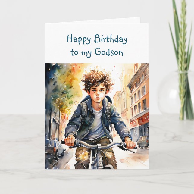 Happy Birthday Godson | Junge auf dem Fahrrad in d Karte (Vorderseite)