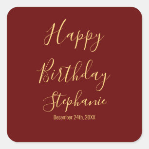 Happy Birthday Gold Burgundy Dark Red Individuelle Quadratischer Aufkleber