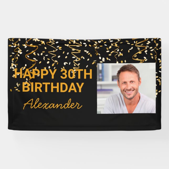 Happy Birthday Gold Confetti Foto jedes Jahr indiv Banner (Horizontal)