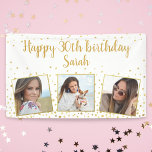 Happy Birthday Gold Glitter Photos Any Year Custom Banner<br><div class="desc">Celebrate a big birthday with this banner featuring 3 photos of the birthday girl/boy,  2 custom text headlines,  all set against a white background accented with faux gold glitter confetti sparkles.  Fun and festive perfect for any age birthday celebration.</div>