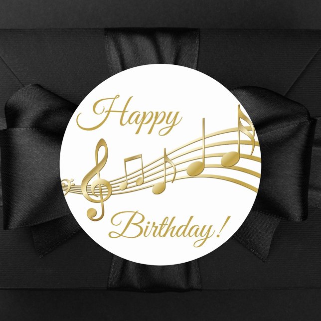 Happy Birthday Gold Musiknoten weiß Runder Aufkleber (Von Creator hochgeladen)