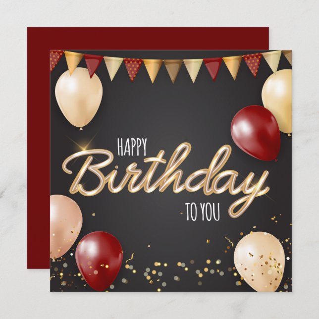 Happy Birthday Gold & Red Card Einladung (Vorne/Hinten)