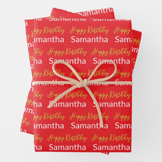 Happy Birthday Gold Script Bright Red White Name Geschenkpapier Set (Beispiel)