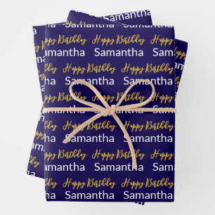 Happy Birthday Gold Script Dark Blue White Name Geschenkpapier Set