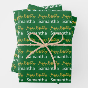 Happy Birthday Gold Script Forest Green White Name Geschenkpapier Set