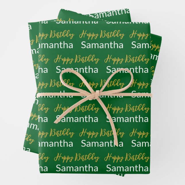 Happy Birthday Gold Script Forest Green White Name Geschenkpapier Set (Beispiel)
