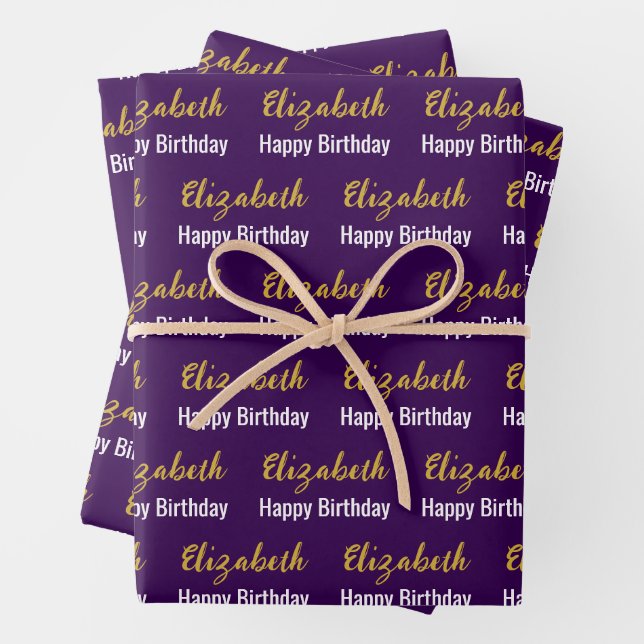Happy Birthday Gold Script Name Dark Lila White Geschenkpapier Set (Beispiel)