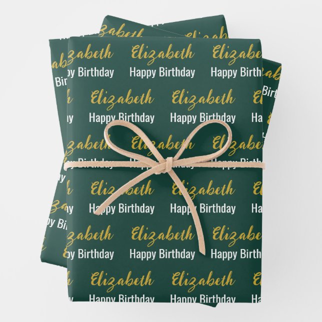 Happy Birthday Gold Script Name Deep Green Geschenkpapier Set (Beispiel)