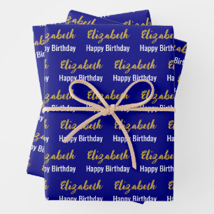 Happy Birthday Gold Script Name Navy Blue & White Geschenkpapier Set