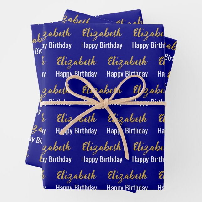 Happy Birthday Gold Script Name Navy Blue & White Geschenkpapier Set (Beispiel)