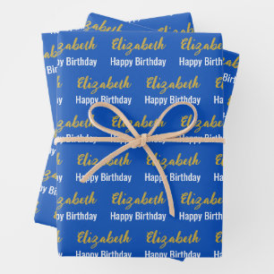Happy Birthday Gold Script Name Sapphire Blue Geschenkpapier Set