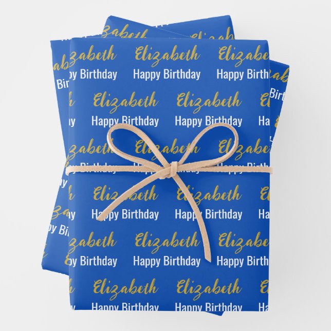 Happy Birthday Gold Script Name Sapphire Blue Geschenkpapier Set (Beispiel)