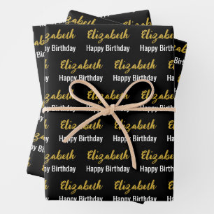 Happy Birthday Gold Script Name Schwarz und Weiß Geschenkpapier Set