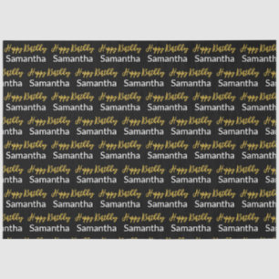Happy Birthday Gold Script Schwarz und Weiß Name Seidenpapier