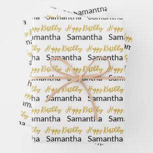 Happy Birthday Gold Script White Black Name Geschenkpapier Set