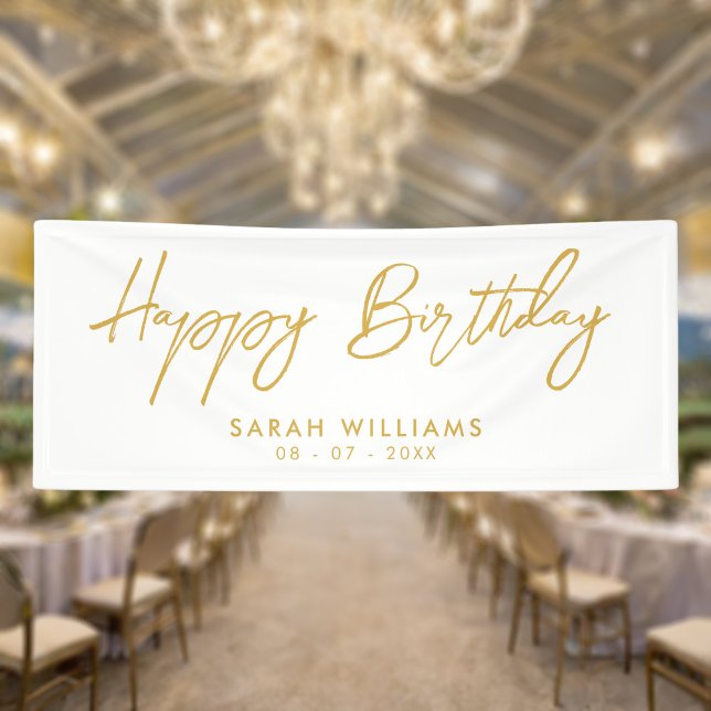 Happy Birthday Gold und White Modern Script Banner (Von Creator hochgeladen)