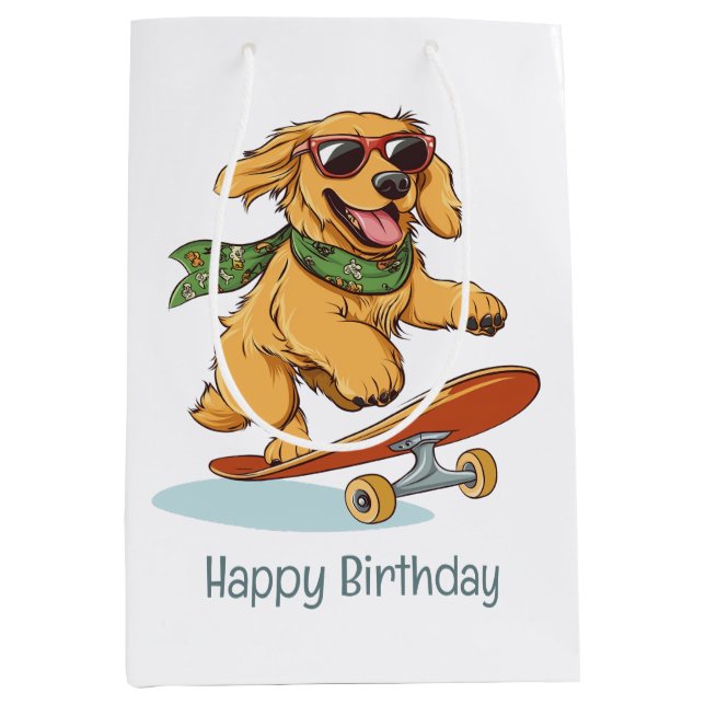 Happy Birthday Golden Retriever Dog Skateboarding Mittlere Geschenktüte (Vorderseite)