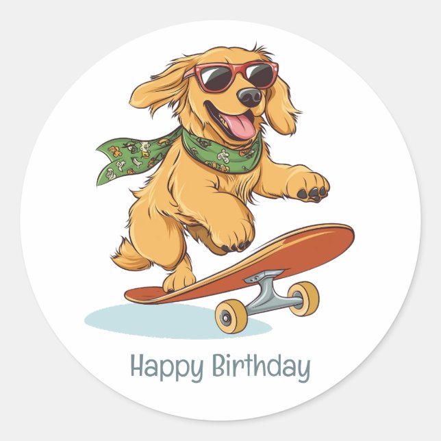Happy Birthday Golden Retriever Dog Skateboarding Runder Aufkleber (Vorderseite)
