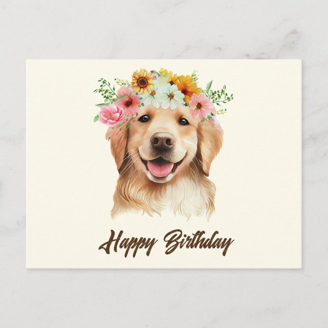 Happy Birthday Golden Retriever Hund mit Blume Postkarte (Vorderseite)
