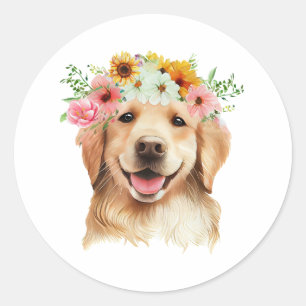 Happy Birthday Golden Retriever Hund mit Blume Runder Aufkleber