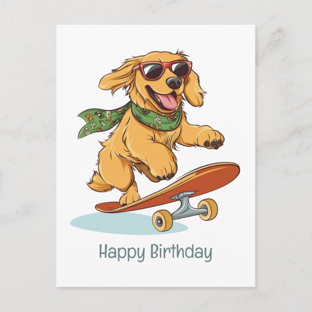 Happy Birthday Golden Retriever Hund Skateboarding Postkarte (Vorderseite)