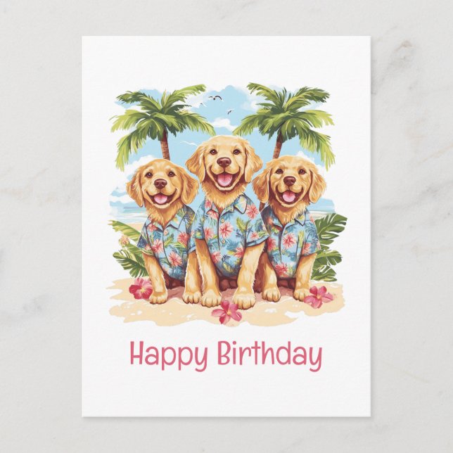 Happy Birthday Golden Retriever Hunde Hawaiian Postkarte (Vorderseite)