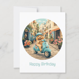 Happy Birthday Goldendoodle Dog Riding Scooter Postkarte