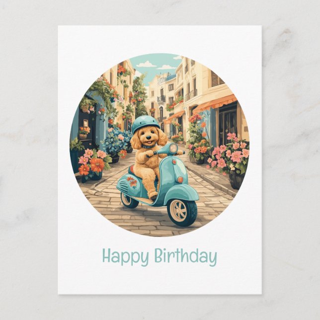 Happy Birthday Goldendoodle Dog Riding Scooter Postkarte (Vorderseite)