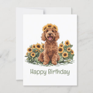 Happy Birthday Goldendoodle Dog Sonnenblumenkrone Postkarte