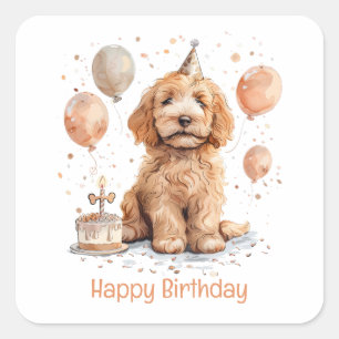 Happy Birthday Goldendoodle Hund Birthday Cake Quadratischer Aufkleber
