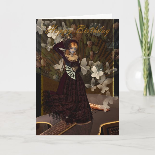 Happy Birthday Gothic Girl mit Gitarre spanisch du Karte (Vorderseite)