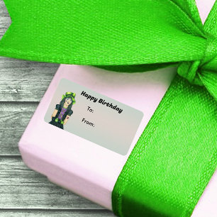 Happy Birthday Gothic Girl Tattoo Green Black Hair Adressaufkleber